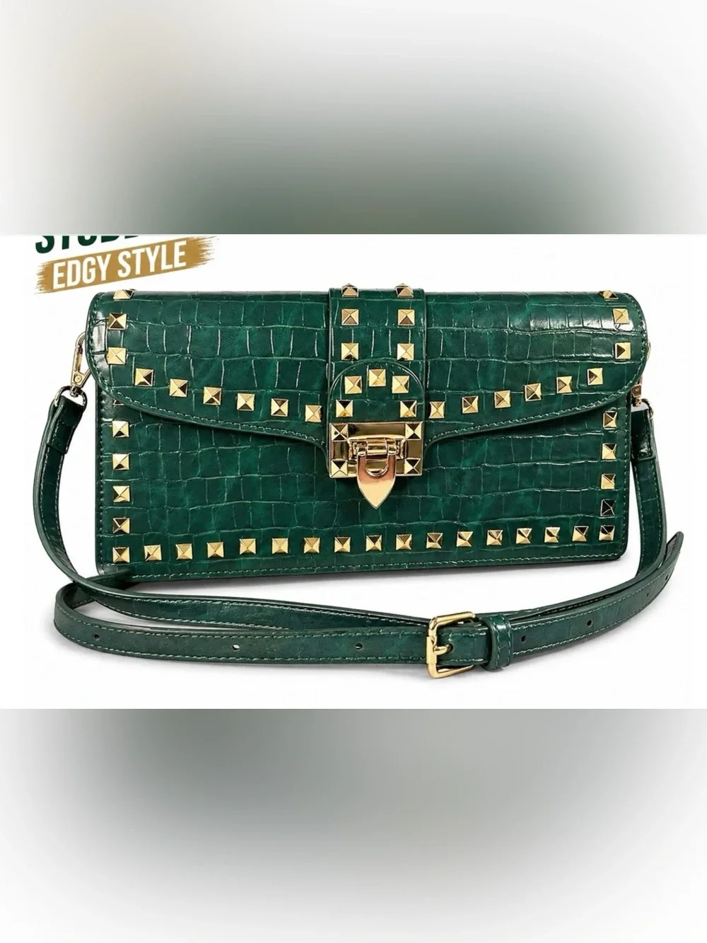 Green Studded Crossbody Clutch with Gold Hardware